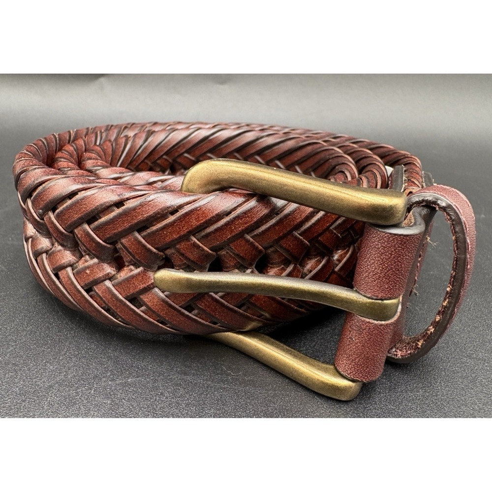 Tommy Hilfiger Men's Belt Braided Woven Black Brown Leather Size 37" US Seller